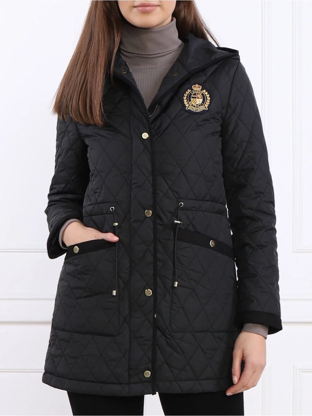 Ralph Lauren Black Label Crest-Patch Diamond-Quilted Hooded Coat in Black